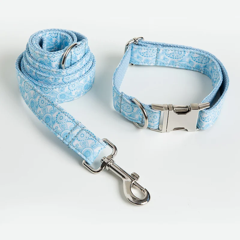 Personalized Blue Paisley Dog Collar Leash With Bow Tie Set Free Engraved Nameplate For Small Medium Large | Дом и сад