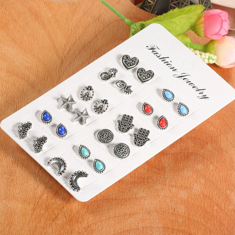 

12 Pairs Bohemian Turquoise Stone Stud Earrings Set Female Geometric Earrings Jewelry