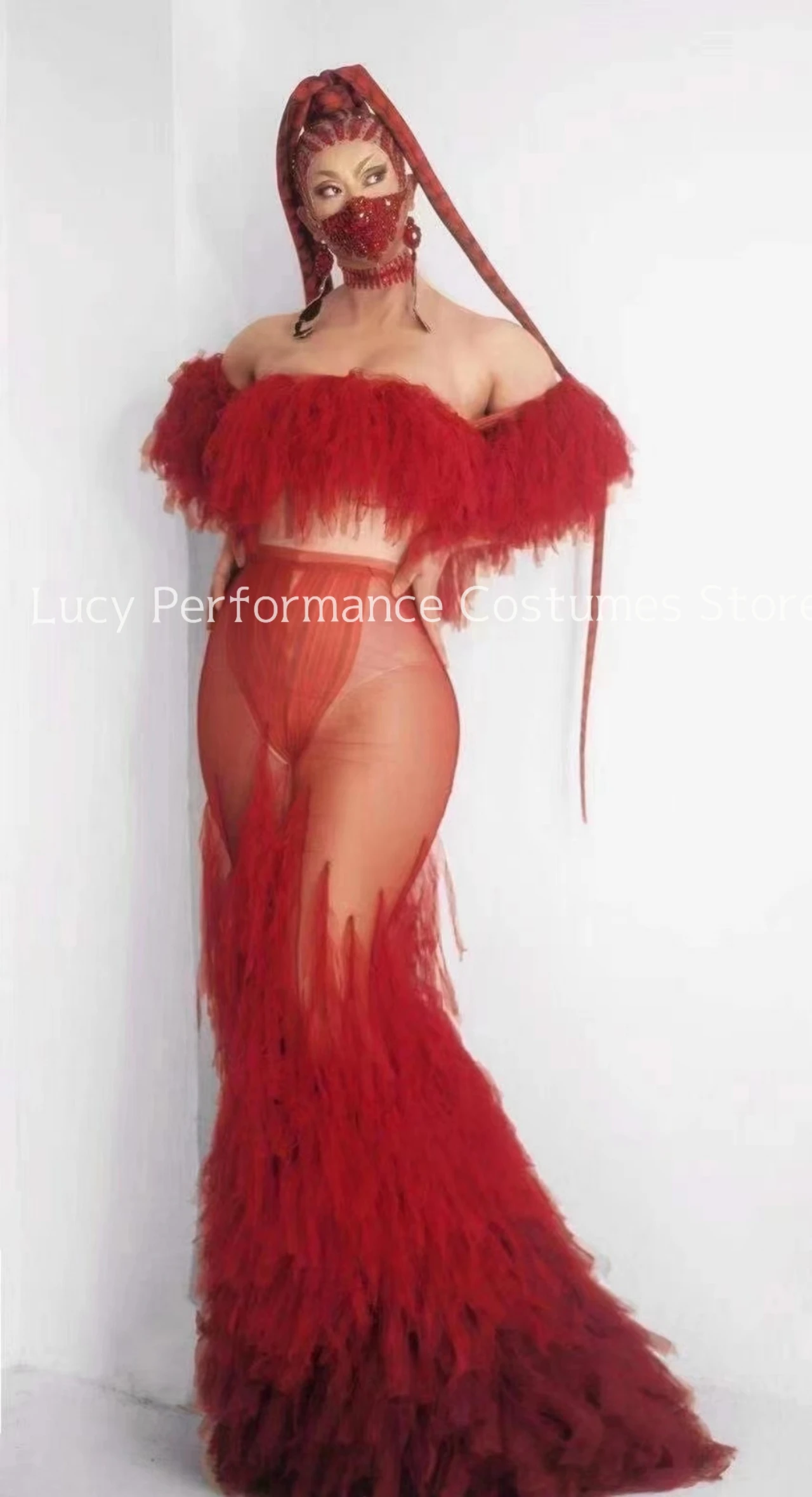 

Red feather perspective dress birthday party celebration dress evening dress female singer stage Festival Dress