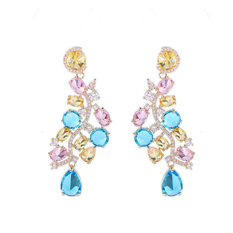

Elegant Colored Cubic Zirconia Long Earings For Women Wedding Party Dress Jewelry, Blue Purple Crystal Dangle Earrings Woman