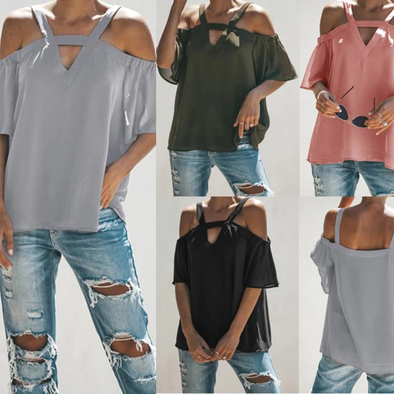 

Summer Ladies Solid Color Sexy Hollow V-neck Off-shoulder Pullover Blouse Casual Loose Short Sleeves T-shirt For Women Hot Sale