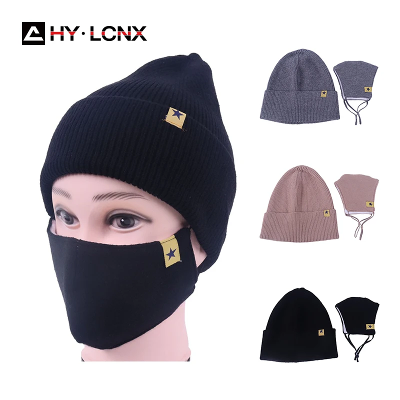 

Winter Men's Knitted Hat Face Mask Set Outdoor Ride Hats Cycling Protective Knit Cap Autumn Caps For Men Beanie Ski Headwear
