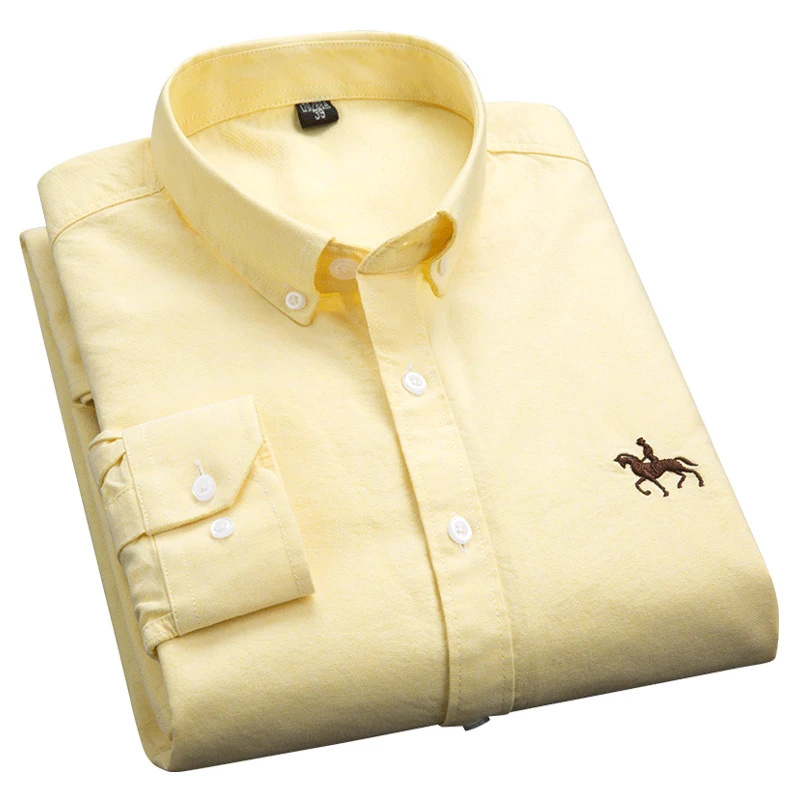 

AOLIWEN Men 100% Cotton Oxford Fabric Yellow Solid Color Long Sleeve Anti wrinkle Soft Spring Autumn Casual Business Slim Shirt