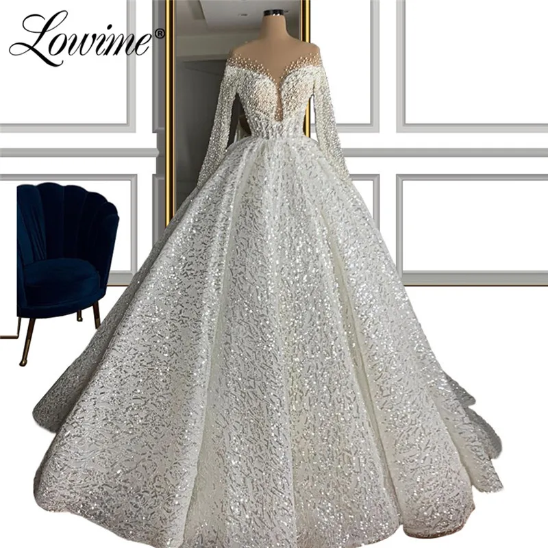 

Pearls Beading Wedding Dresses Illusion Long Sleeves Muslim Arabic Bridal Gowns 2020 Luxury Kaftans Wedding Bride Dress