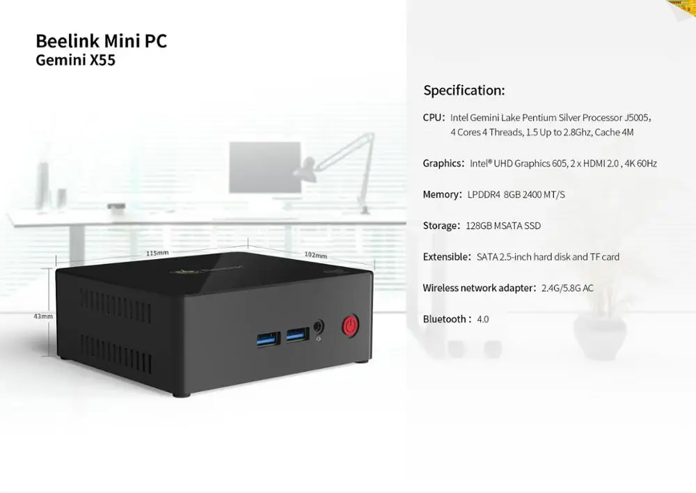 X55 Мини ПК Intel Pentium J5005 до 2,8 ГГц 8 Гб LPDDR4 125 ГБ/256 SSD 2,4 ГГц+ 5 ГГц wifi 2* HDMI 4K 60 Гц BT Windows 10 или Linux