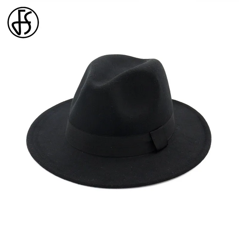 FS унисекс шерстяной фетр джаз черный Шапки для Для мужчин Fedora с лентой женщин