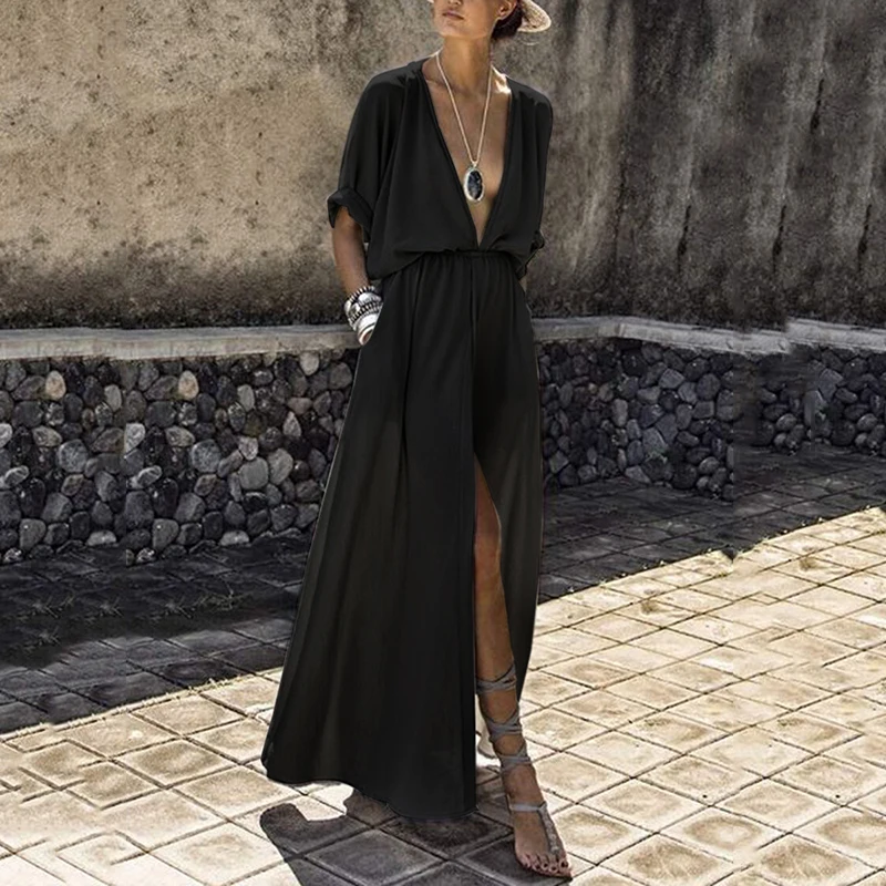 Платье женское асимметричное шифоновое с глубоким V-образным вырезом и высоким