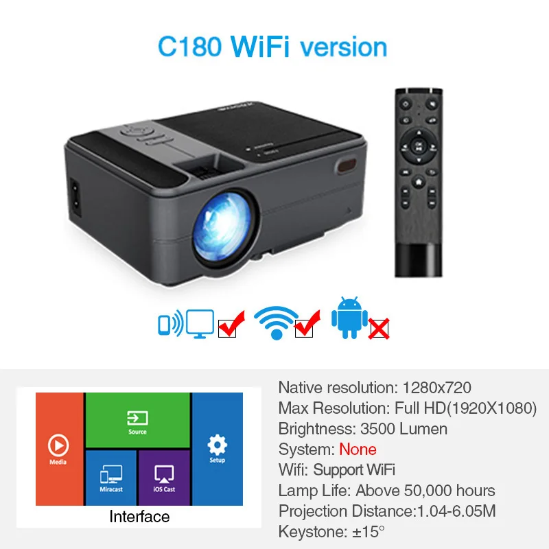 C180W CAIWEI Smart WiFi Bluetooth Android портативный маленький мини-проектор с поддержкой HD видео домашний кинотеатр Heimkino HDMI VGA проектор - Цвет: C180W