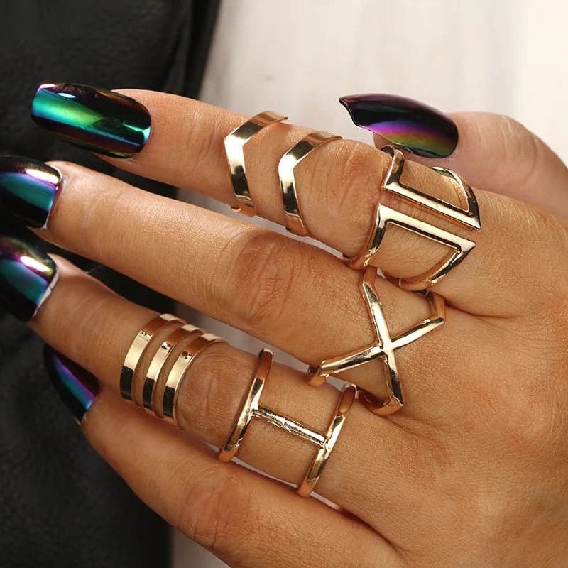 

docona 5pcs/set Gothic Geometric Hollow Knuckle Finger Rings for Women Punk Metal Alloy Gold Rings Set Jewelry Anillos 6120