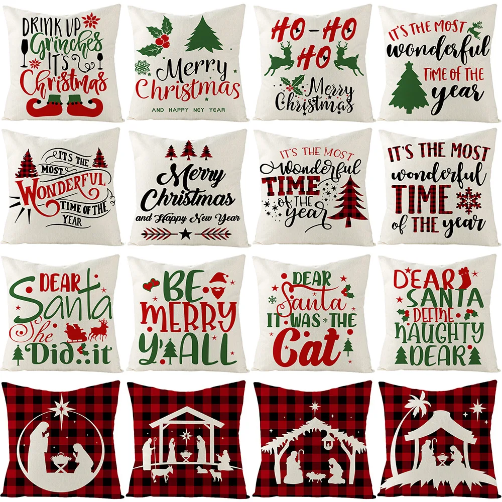 

2021 Christmas Black Red Lattice Santa Tree Socks Gifts Pillow Case Bed Sofa Chair Cushion Cover Decoration Winter Luxury Pillow