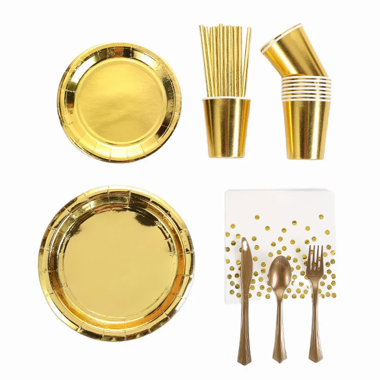 

10pcs golden party tableware bronzing disposable paper cup and paper plate set birthday party venue decoration supplies