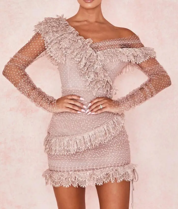 

Women Elegant Dot Lace Mini Dress Long Sleeve Mesh Ruffles Patchwork Ruched Dress Unique Party Dresses dot pink mini dresses