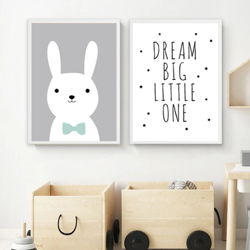 Мультяшный кролик медведь детская настенная живопись на холсте минималистичный