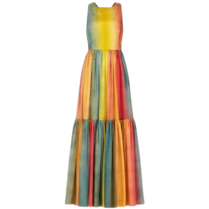 

Big-name summer satin 3D printing ladies pleated open back dress 2021New summer ladies fashion party big swing long dress Bing