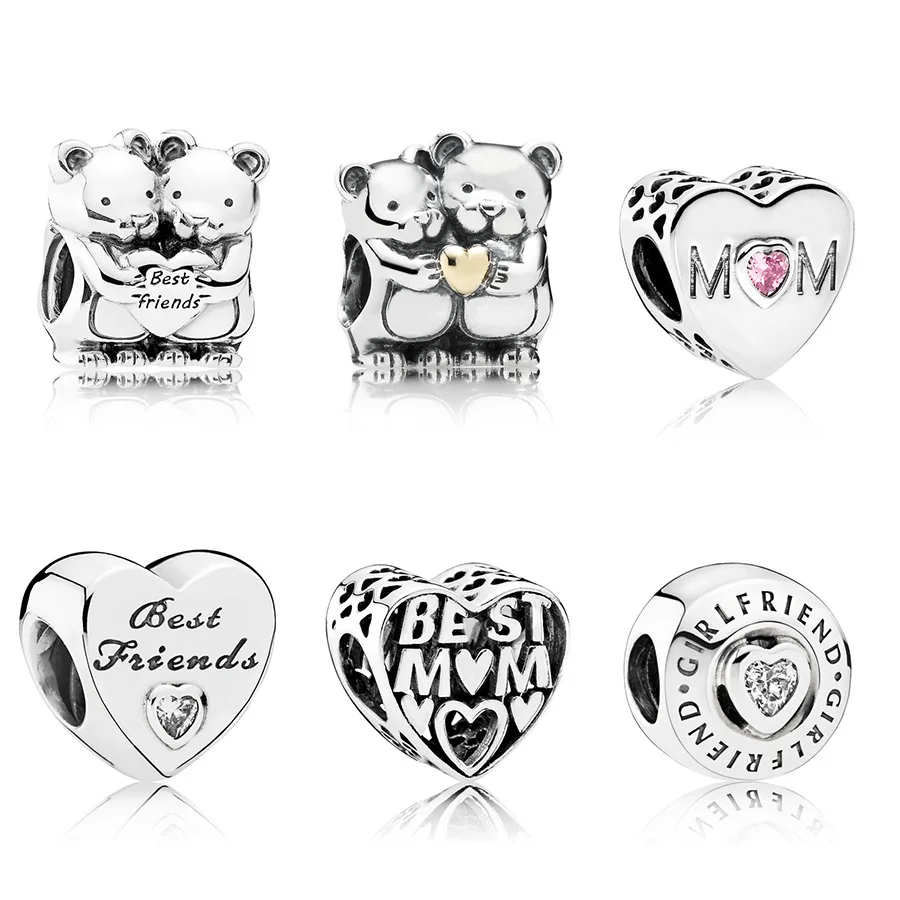 

925 Sterling Silver Love Heart Small Bear With MOM Heart Family Beads Charms For Women Pandora Bracelets
