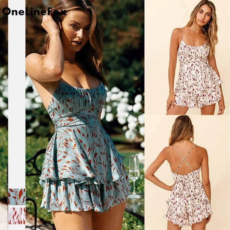 

Женский комбинезон на завязках OneLineFox, пляжный Летний комбинезон с цветочным принтом и открытой спиной, комбинезоны с оборками, бандажные ко...
