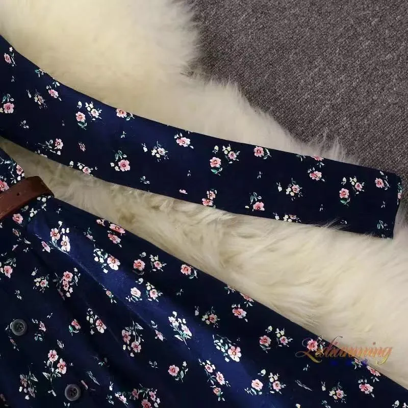 

2021 New Vintage Spring Autumn Women Dress Long Sleeve with Belt Chiffon Midi Floral Print Casual Elegant Waist Dresses