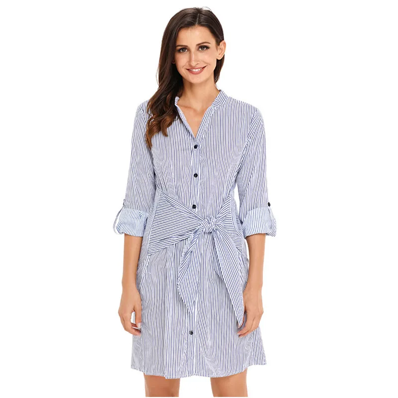 

2022 New spring autumn summer women Casual V Neck striped shirt unique waist dress Waist Button Down Shirt Dress