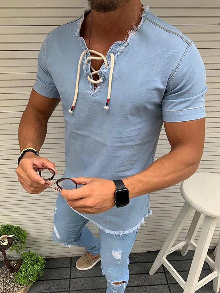 

Summer Men's Shirt Casual Patchwork V-Neck Short Sleeve Shirt Mens Clothing Trend Casual Slim Fit Lace-Up Ethnic Wind Top Tees