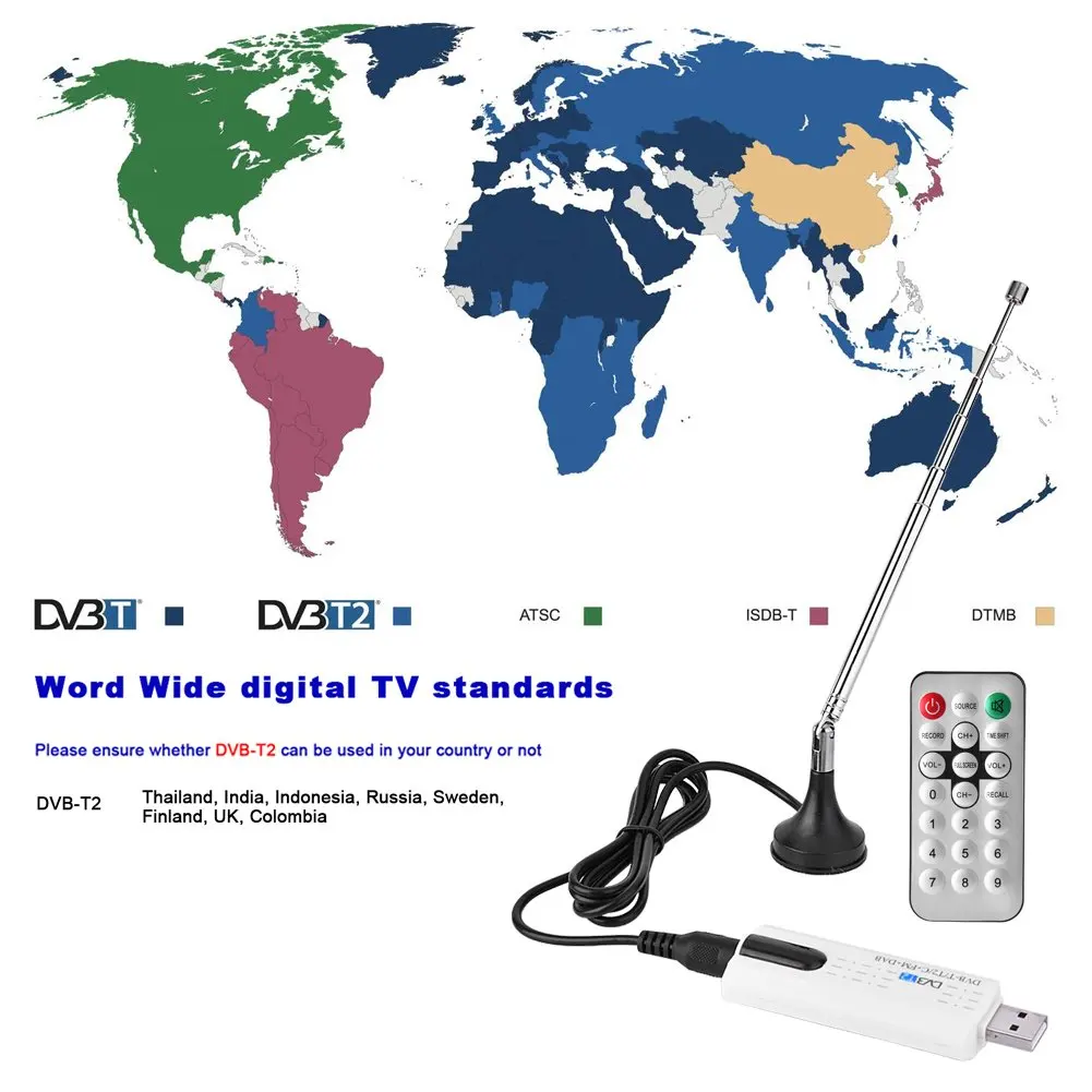 USB ТВ-тюнер DVB T2 DVB-T/C FM DAB с антенной пульт дистанционного управления HD 1080P MPEG-2 MPEG-4