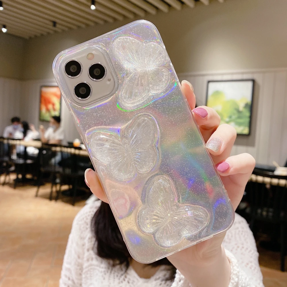 

3D Crystal Butterfly phone case for iphone 7 8 8Plus 12 12Promax 12mini 11promax XSMax XR soft shell with laser card