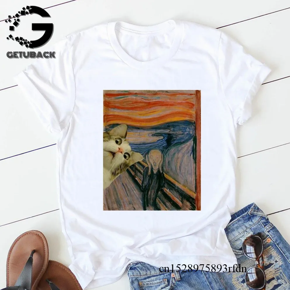 Забавная футболка с котом Женская Повседневная микеланжело модная коротким