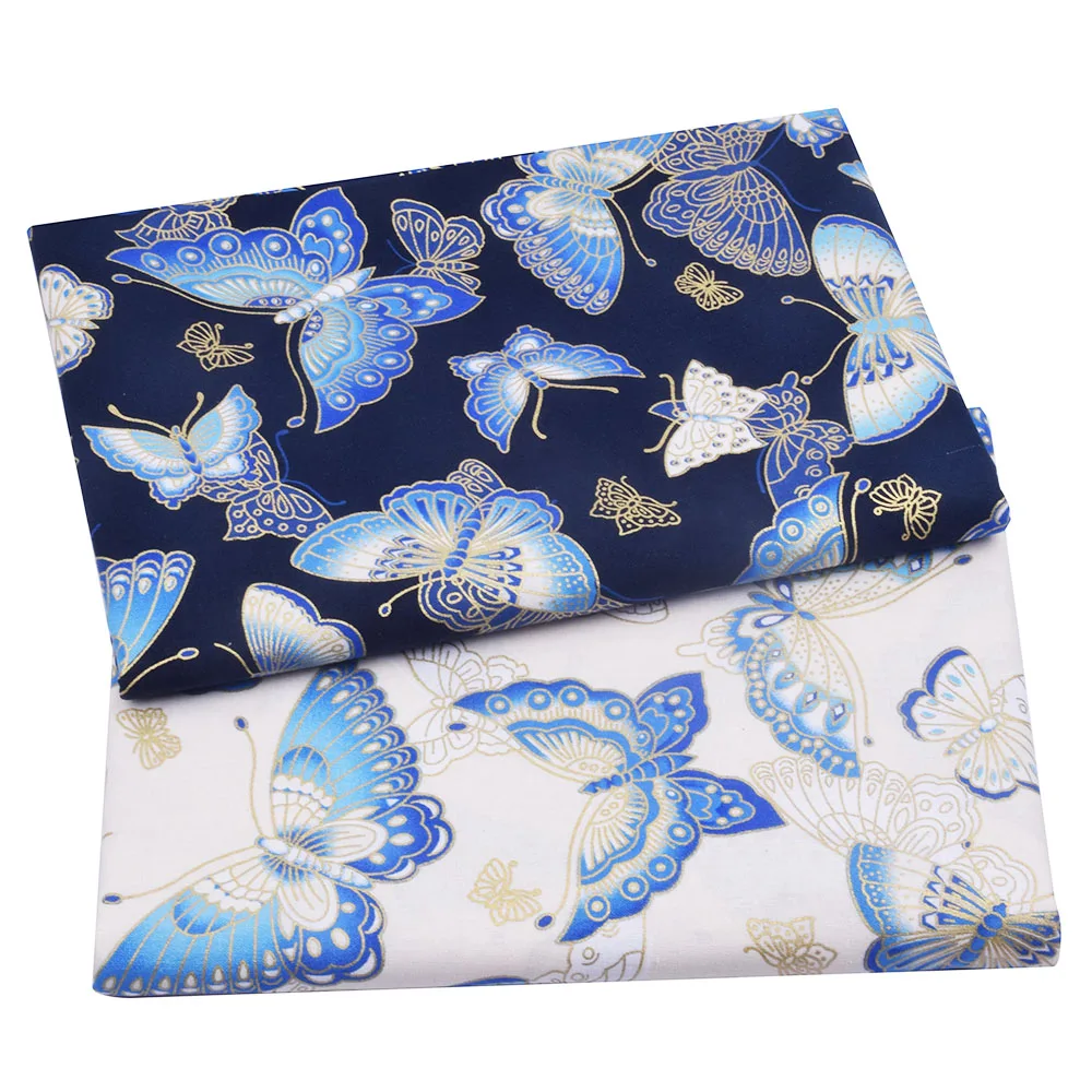 Синий белый бабочка хлопок Бронзирующая ткань нарезанная швейная Лоскутная