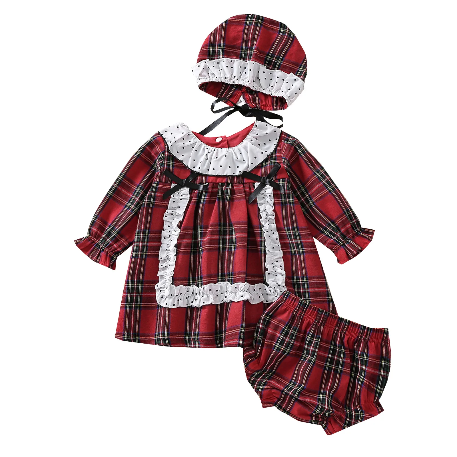 

Baby Girls Christmas Clothing Plaid Dot Print Long Sleeve Round Neck Ruffle Pullover Tops Or Dress Bowknot Shorts Hat