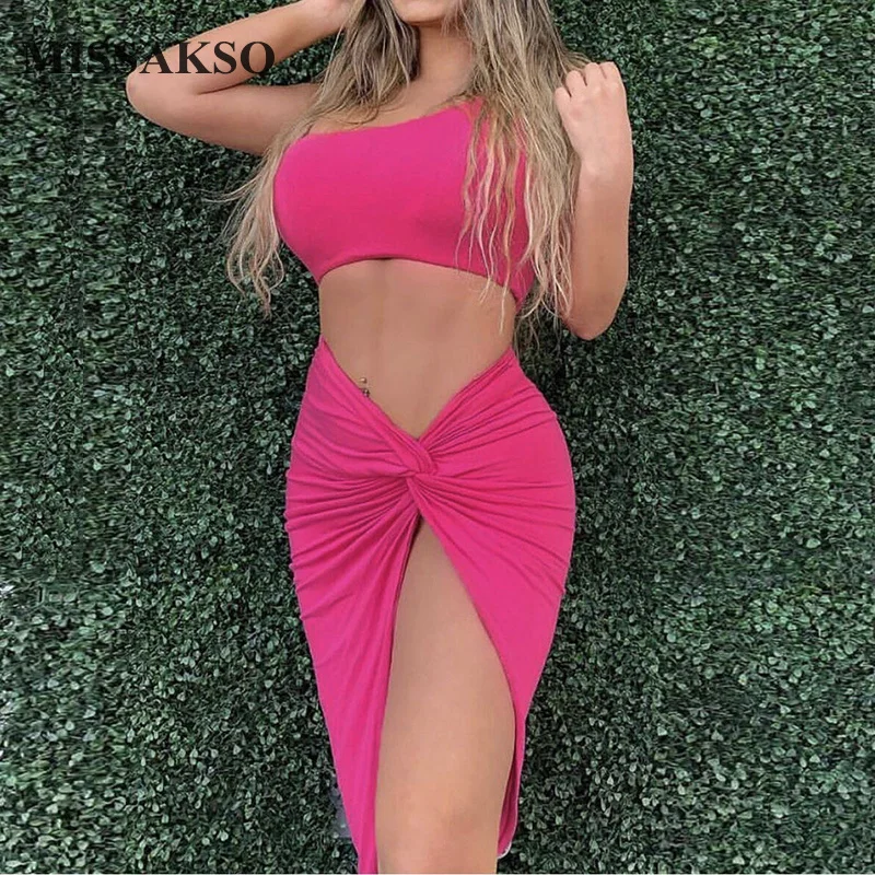 

Missakso Summer Sexy Two Piece Set Beach One Shoulder Fashion Skinny Holiday Party Backless Women Skirt and Top Set