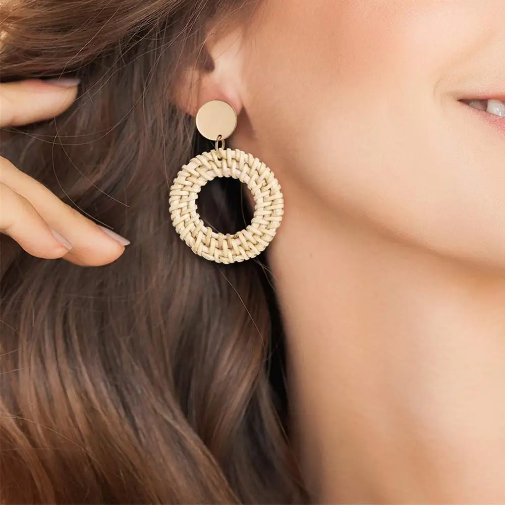 Женские серьги ручной работы богемные деревянные плетеные соломенные висячие из