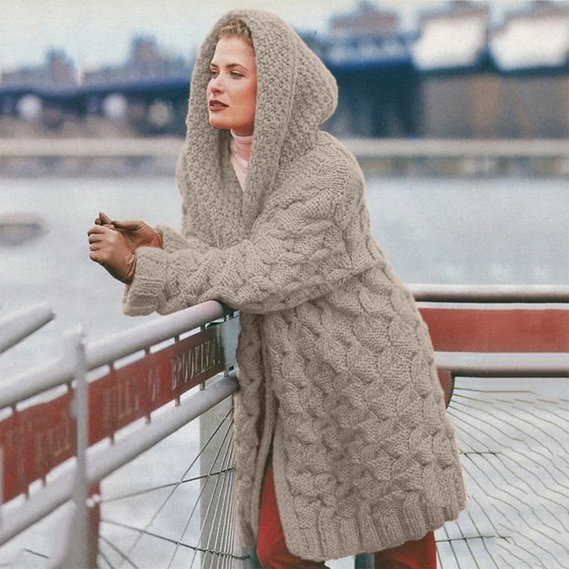 

Open Front Two Tone Knit Cardigan Women Clothing Long Sleeve Autumn High Collar Casual Sweaters With Pockets