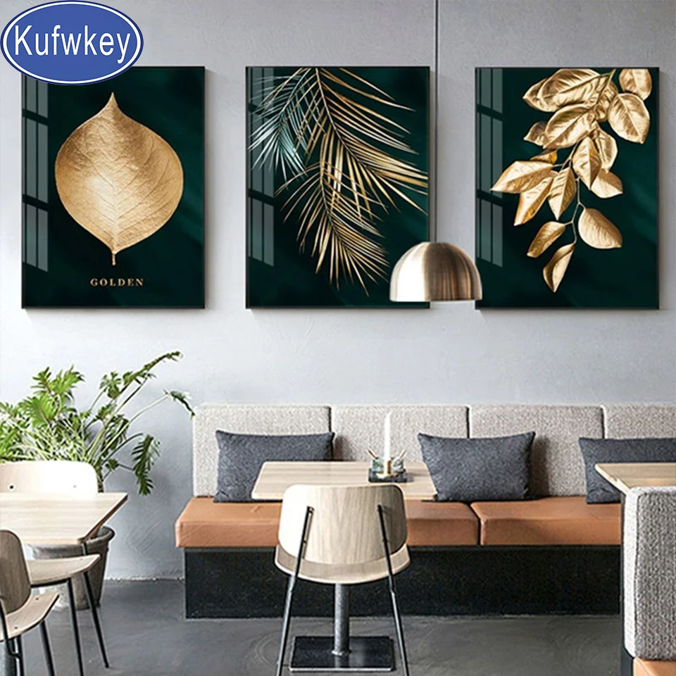 

Abstract Golden Plant Leaves diamond painting 3piece,full square round drill still life diamond embroidery art mosaic for giving