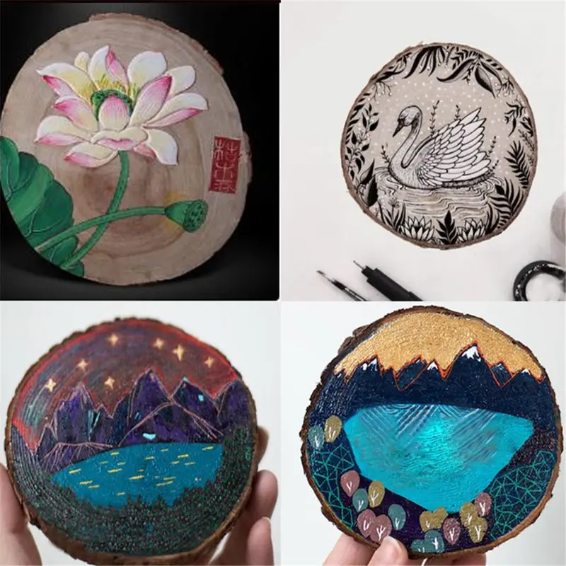 

5pcs Unfinished Natural Round Wood Slices Circles With Tree Bark Log Discs R7RB