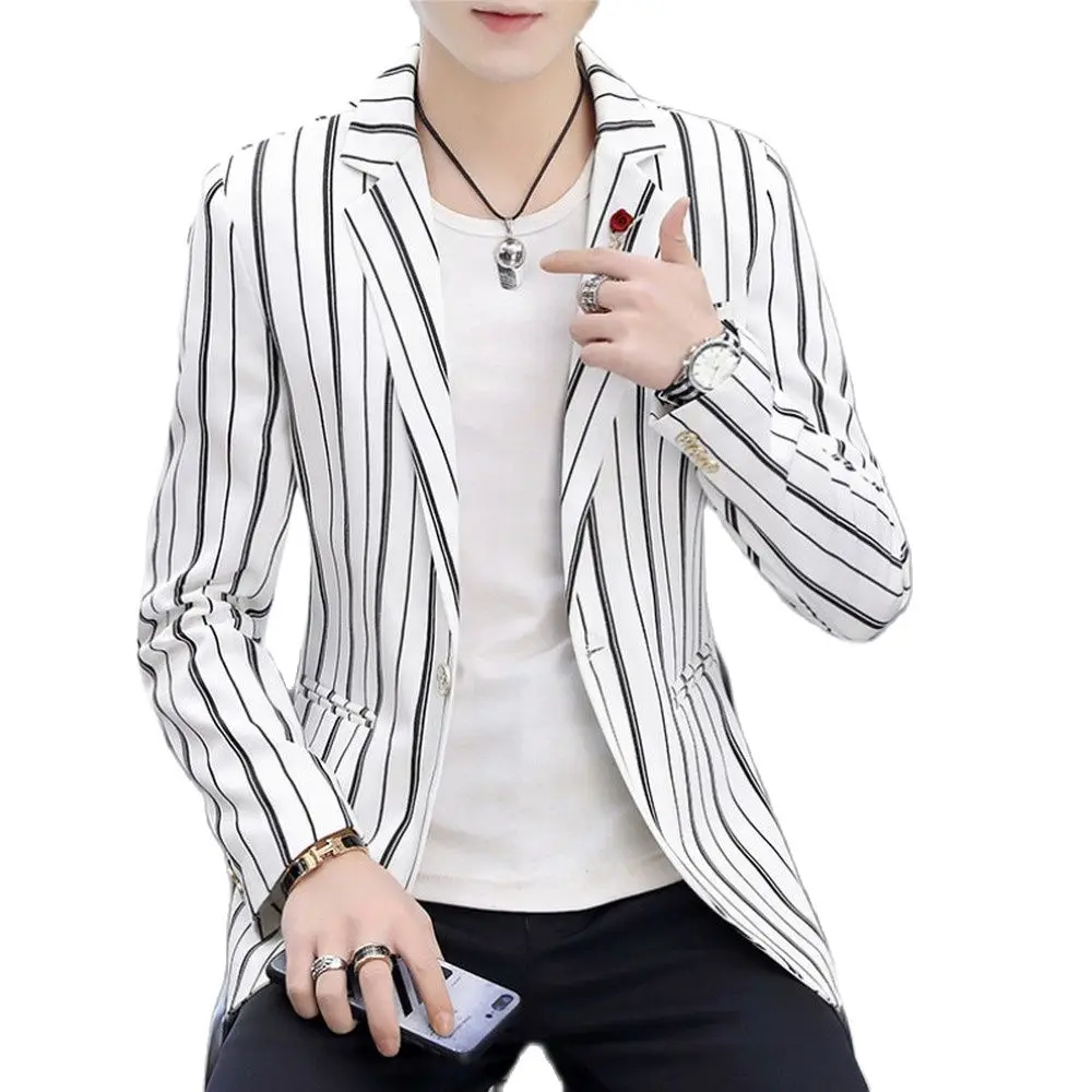 

Мужской приталенный Блейзер M.Y.FANTASY 2021, белый пиджак в полоску, Модный повседневный мужской костюм, черные мужские блейзеры для отдыха Su