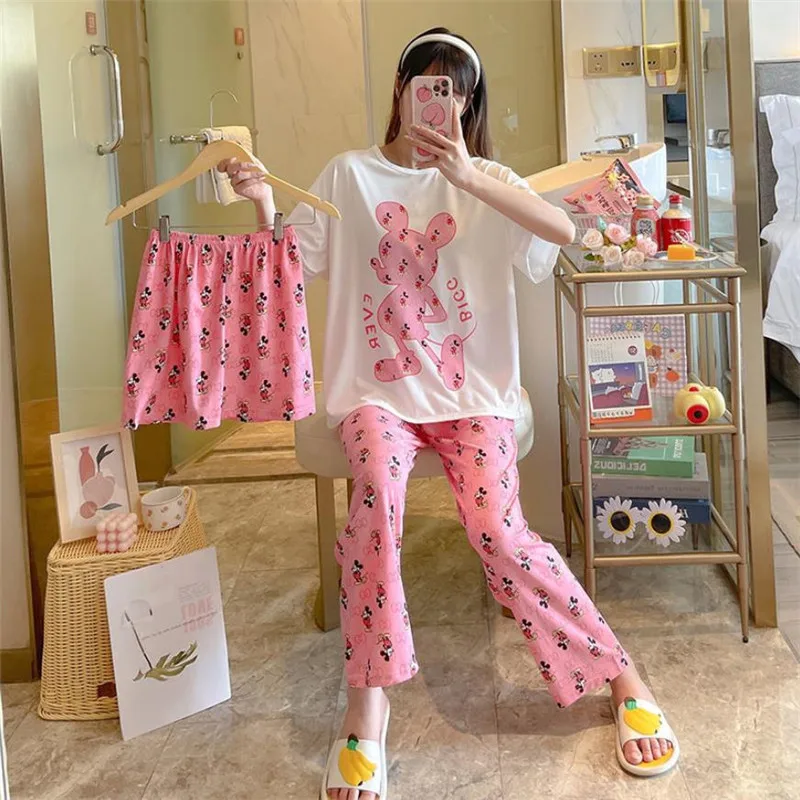 

Women Pajamas Set Kawaii Pijama Cartoon Sailor Luna Pooh Bear Homewear Suits With 2 Pants 3pcs Casual Room Wear INS Girl Pyjama