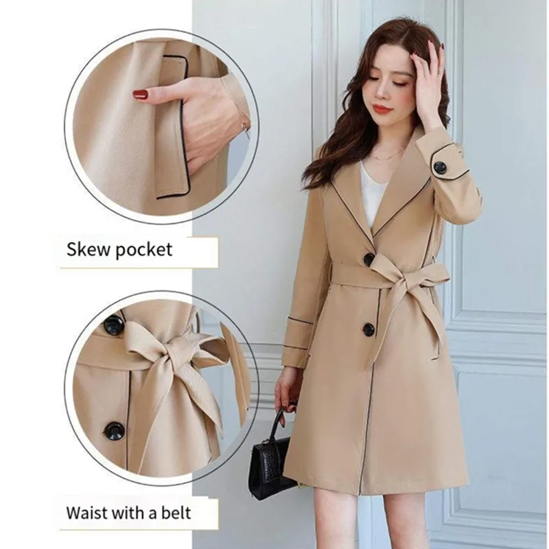 

Ladies windbreaker 2021 new autumn and winter mid-length fashion jacket splicing lapel design trendy temperament slim coat