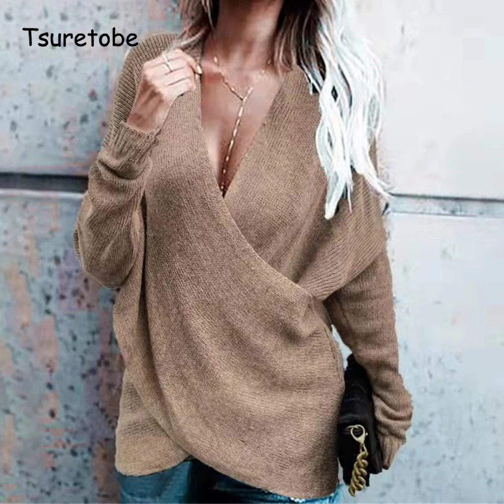 

Свитер женский трикотажный с V-образным вырезом и длинным рукавом