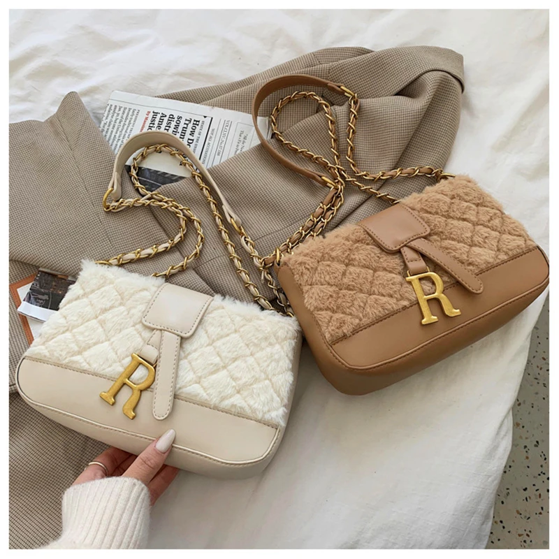 

Quilted Fur Bag Black Crossbody Bags For Women 2020 New Luxury Handbags Furry Patchworked Sac A Main With Chain Designer Bolsos