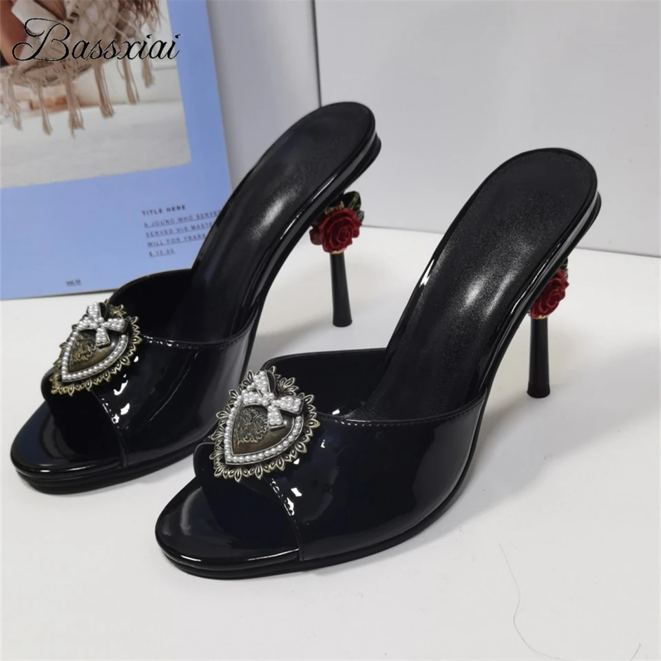 

Unique Carved Rose Strange Heel Summer Mules Lady Sexy Peep Toe Slingbacks Sweet Love-Heart Buckle Sandals Women