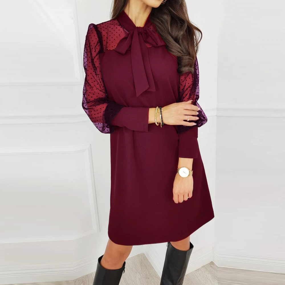 Женское платье весна 2020 красное Сетчатое с длинным рукавом повседневное мини со