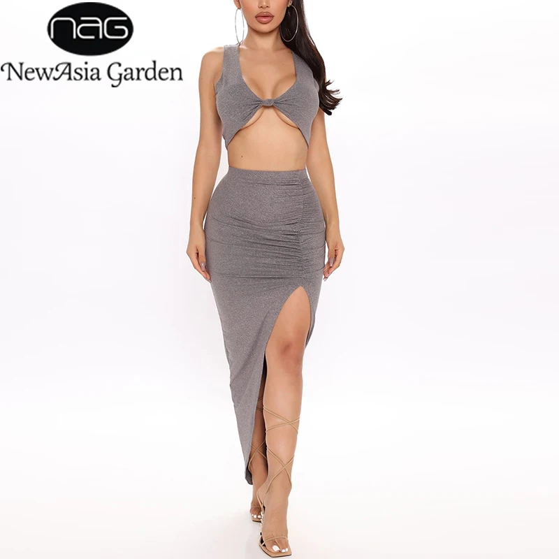 

Женский Повседневный комплект из двух предметов NewAsia, сексуальный укороченный топ с узлом и разрезом сбоку, гофрированные длинные юбки, комплект из 2 предметов, серая летняя праздничная одежда