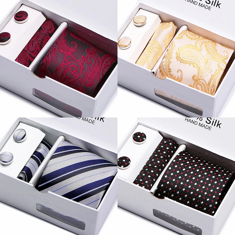 

100% Silk Birthday Present Many Color Tie Hanky Pocket Squares Cufflink Set Tie Necktie Box hombre Printed Memorial Day