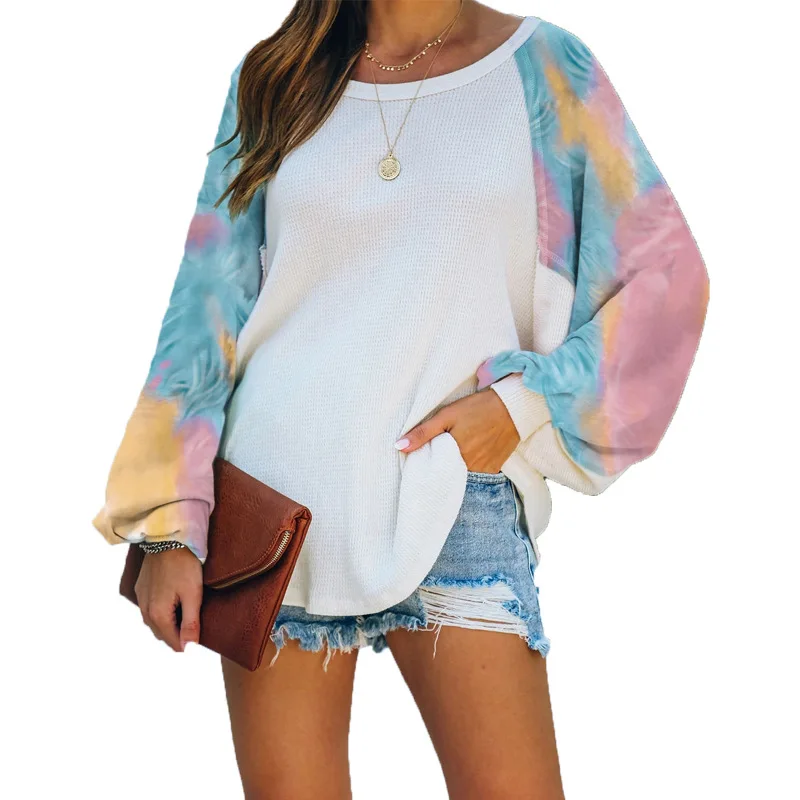 

Autumn Winter O Neck Hoodies Women Nice Tie-Dye Print Patchwork Bat Long Sleeve Casual Loose Tops Fashion Plus Size Sweatshirts