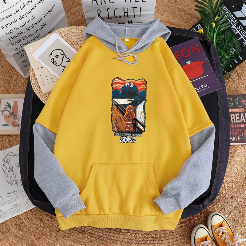 

Women Autumn And Winter Hit Color Stitching Hoodies Cartoon Kawaii Van Gogh Oil Painting Works Print Harajuku Fleece Sweatshirt