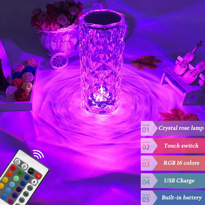 

RGB LED Light Crystal Rose taBle Lights Diamond Night Light 16 colors LAMP Touch Switch Rose Lamp Romantic Ambient Table Lights
