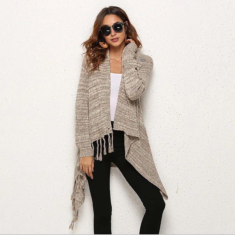 

2021 Fashion Tassel Cardigan Plus Size Loose Causal Knitted Sweater Coat Solid Color Ropa De Mujer Wrap Sweaters Clothes