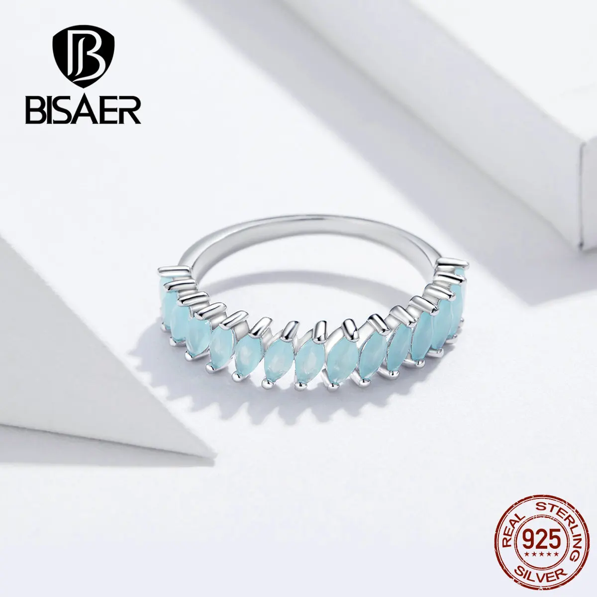 BISAER,, уникальные, 925 пробы, серебряные, прозрачные, голубые, стеклянные, каменные кольца для женщин, свадебные, вечерние, роскошные ювелирные изделия, подарки GXR539