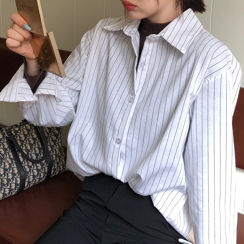 2020 Осенняя Женская Повседневная полосатая блузка размера плюс Кардиган с