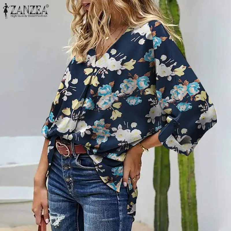 

Female Top Women Casual Bohemian V Neck Blouse ZANZEA Elegant Loose Long Sleeve Shirt Office Work Chemise Floral Pleated Blusas