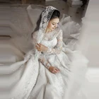 Элегантные белые кружевные свадебные платья с длинным рукавом, свадебные платья с цветами в блестящем Дубае, Пышное Бальное Платье